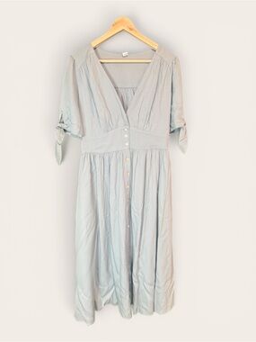 Light Blue V-Neck Button-Front Midi Dress
